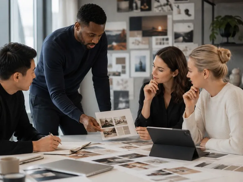 A brand team reviewing printed photography and colour swatches spread across a meeting table.