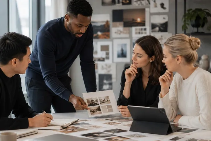 A brand team reviewing printed photography and colour swatches spread across a meeting table.