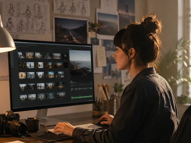 A creator at a desk editing a grid of photographs on a large monitor, with storyboards pinned to the wall behind.