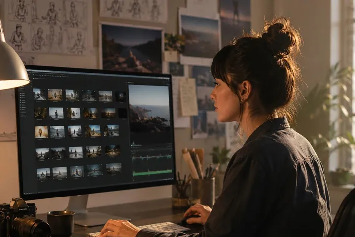A creator at a desk editing a grid of photographs on a large monitor, with storyboards pinned to the wall behind.