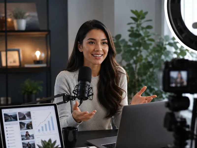 A woman speaking to a camera at a home studio desk with a microphone, ring light, laptop and tablet.