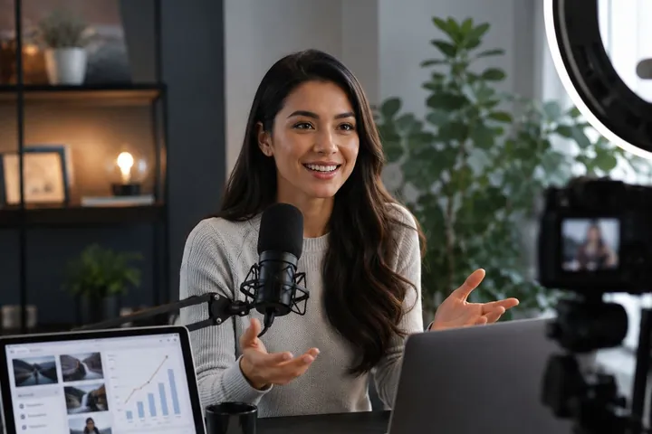A woman speaking to a camera at a home studio desk with a microphone, ring light, laptop and tablet.