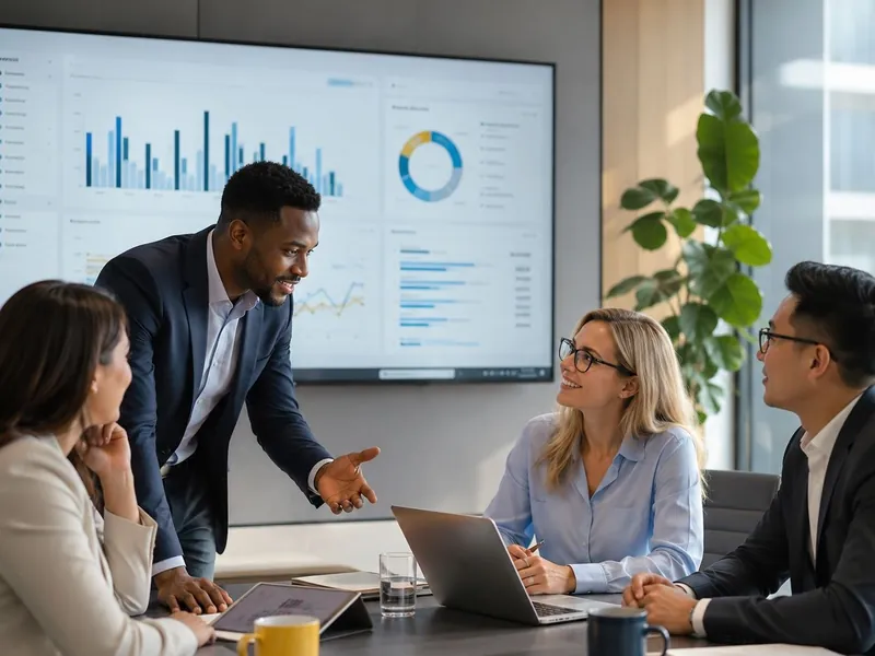 Colleagues in a boardroom discussing business dashboards shown on a large wall screen.