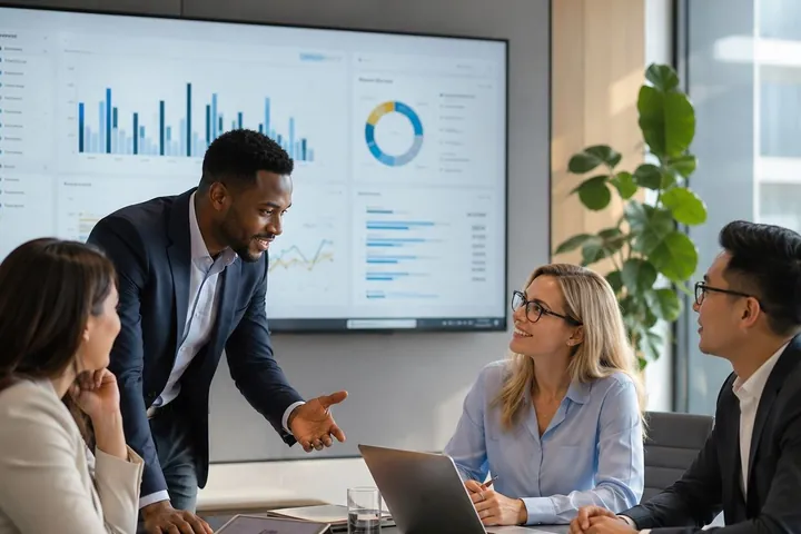 Colleagues in a boardroom discussing business dashboards shown on a large wall screen.