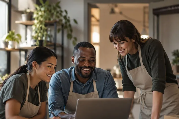 Three people in aprons behind the counter of a small shop, looking at a laptop together.