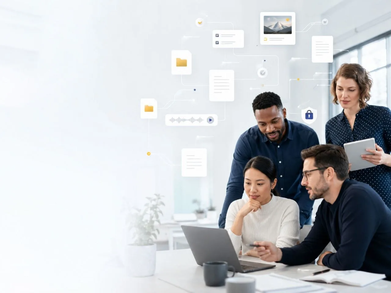 A team of colleagues gathered around a laptop in a bright office, with documents, folders, images and audio files shown flowing into a connected network beside them.