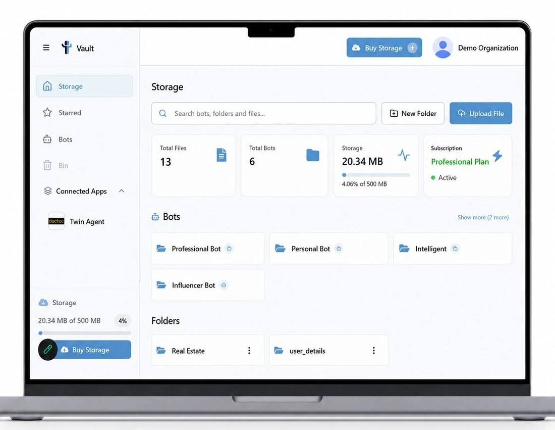 The Twin Vault interface on a laptop, showing stored files and folders, connected bots, and storage usage for a demo organization.
